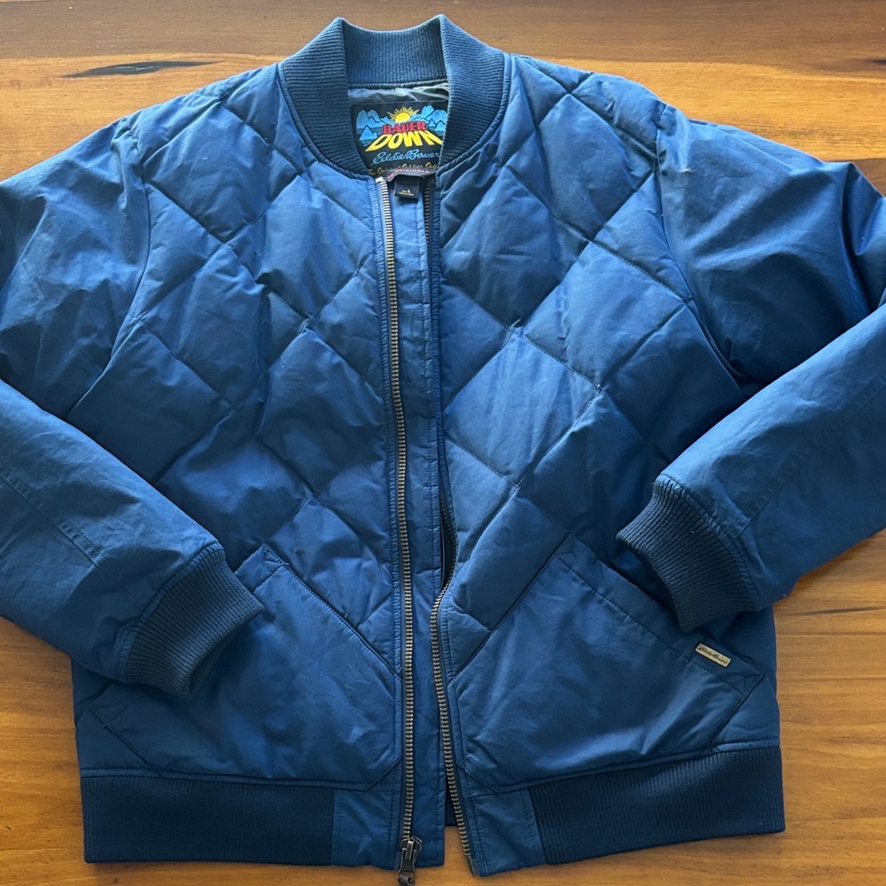 Eddie Bauer Men’s L Blue Down Filled Quilted Bomber Jacket